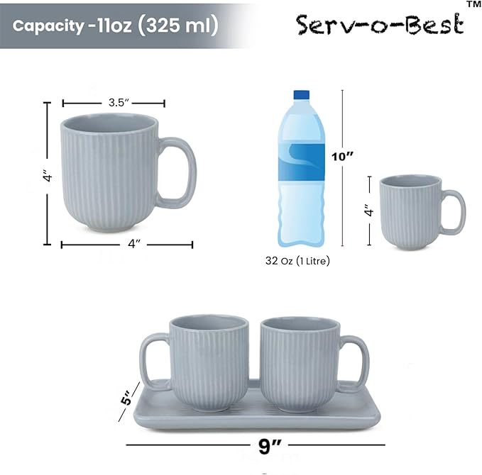 Ceramic Coffee Mugs with Handle Set – 2-Piece 11 Oz Ceramic Coffee Cups & 9" Tray, Handmade Gray Color, Microwave Safe Gift Set for Tea Lovers, Home Kitchen Décor