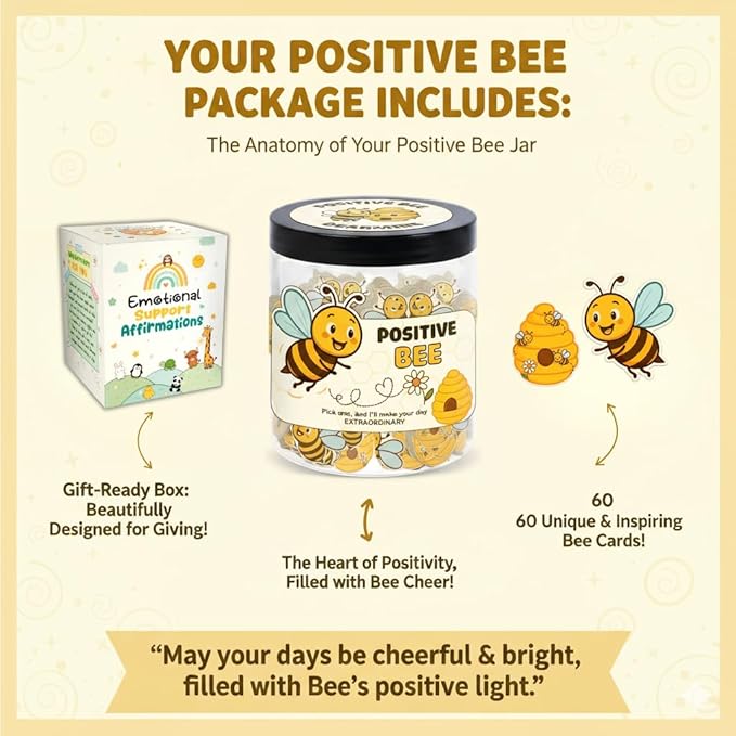 Positive Bee Jar with 60 Affirmation Cards, Emotional Support Bee, Bee Themed Gift, Bee Gifts for Women, Bee Gifts for Bee Lovers, Bumble Bee Gift