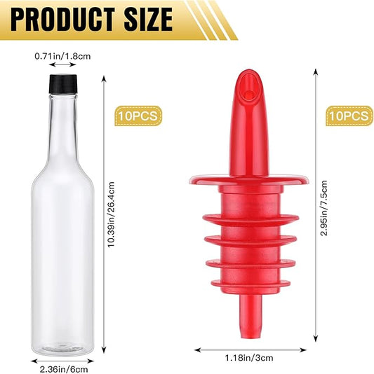 Tioncy 10 Sets 15oz Plastic Liquor Bottles with Pourers Sets 10 Plastic Long Neck Syrup Bottles with Pourer and Caps Reusable Leakproof for Home Party Bar(Red)