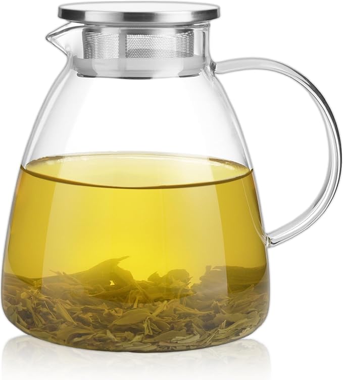 GURUDAR 68OZ/2000ML One Touch Glass Teapot with Stainless Steel Filter Lid, Stovetop & Microwave Safe Tea Maker Water Kettle, Strainer & Cover 2 in 1 Loose Leaf Tea Steeper Pot Coffee Carafe