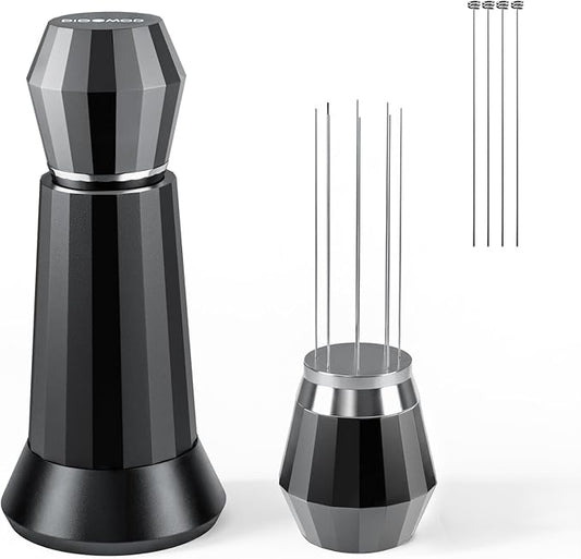 WDT Espresso Distribution Tool Espresso Stirrer Tools for Barista, 0.35mm 8 Needles Espresso Coffee Stirrer with Extra 4 Replaceable Needles, Aluminum Alloy Handle with Stand (Black)