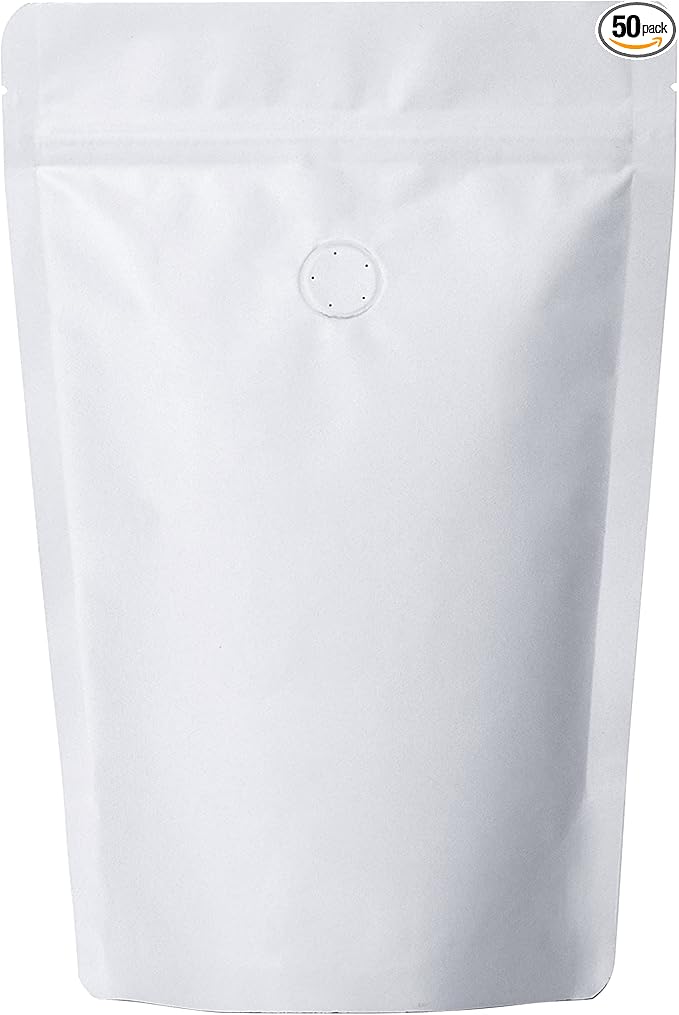 Pack of 50 White Kraft Paper Coffee Bags with Degassing Valve, Stand-up Coffee Pouches in Food Grade with Resealable Zipper Lock (16oz,1lb, 50 Pieces)