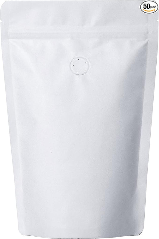 Pack of 50 White Kraft Paper Coffee Bags with Degassing Valve, Stand-up Coffee Pouches in Food Grade with Resealable Zipper Lock (8oz, 0.5lb, 50 Pieces)