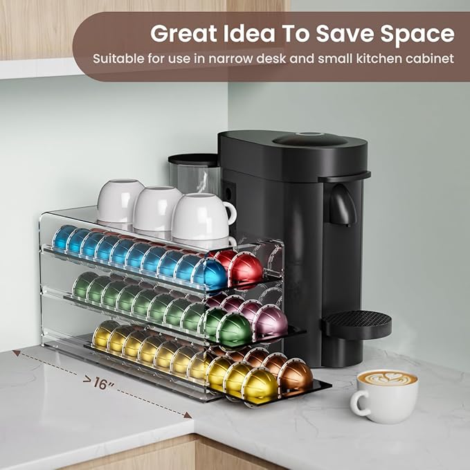Acrylic Coffee Pod Drawer for Nespresso Vertuo Capsules, 3 Tier 60 Capacity Pods Organizer for Countertop Coffee Bar Home Office Kitchen