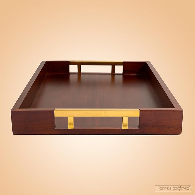 Acacia Wood Serving Tray with Polished Gold Stainless Steel Metal Handles, 17.5x12in, Ottoman Food Drinks Coffee Table, Breakfast, Dinner & Bar, Kitchen, Bedroom, Gift, Luxury Tray. Mens Display.