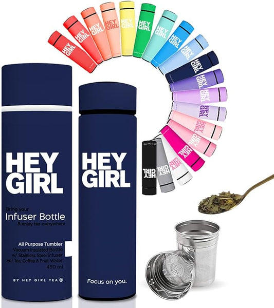 Hey Girl Tea Infuser Bottle 450ml - Insulated Stainless Steel Water Bottle - Tea Tumbler with Tea Diffuser - Portable Travel Mug for Loose Leaf Tea & Infused Water - Tea Lovers Gifts for Women