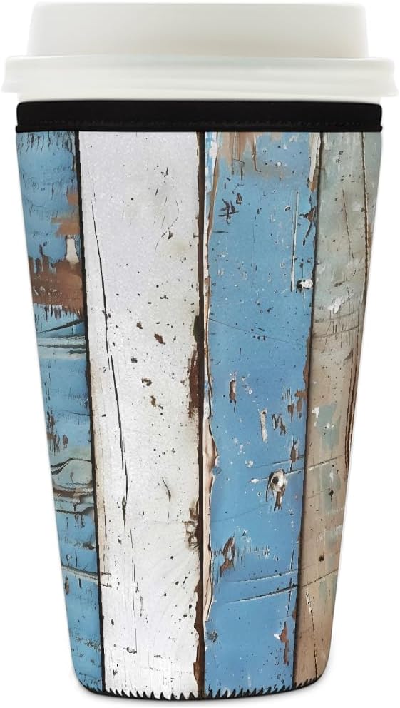 Rustic Beach Wooden Iced Coffee Sleeve for Cold Drink Cups, Reusable Neoprene Insulated Drink Sleeves Cup Cover for Beverages, Fits 16-18 oz