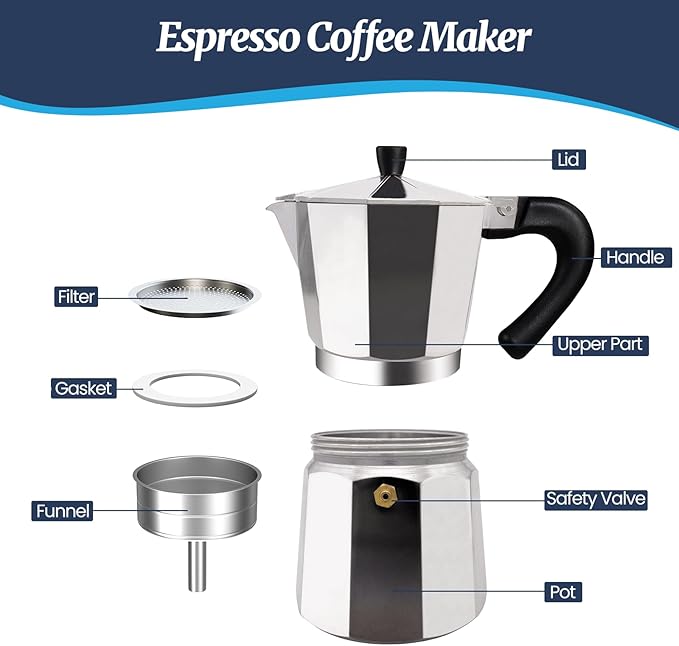 3 Cup Moka Pot Aluminum 150ml Italian Coffee Maker Stovetop Espresso CoffeeMakers Mocha Pot Percolator for Electric Ceramic Stove Classic Greca Cafe Makers Portable for Easy Brewing