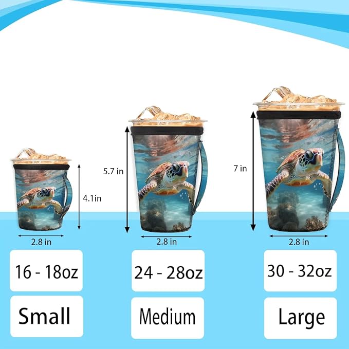 Reusable Iced Coffee Sleeve with Handle, Ocean Turtle Neoprene Cup Sleeve Hawaiian Sea Turtle Insulator Cup Holder for Cold Drinks Beverages 24oz - 28oz