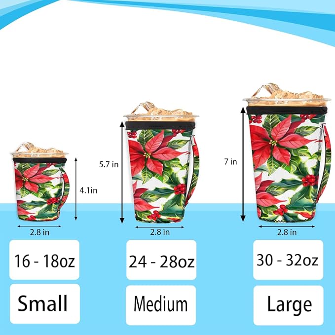 Red Poinsettia Flowers Xmas Reusable Coffee Sleeves Iced Coffee Cozy Insulator, Neoprene Holder with Handle for Cold Coffee or Ice Drink, Large 30-32oz