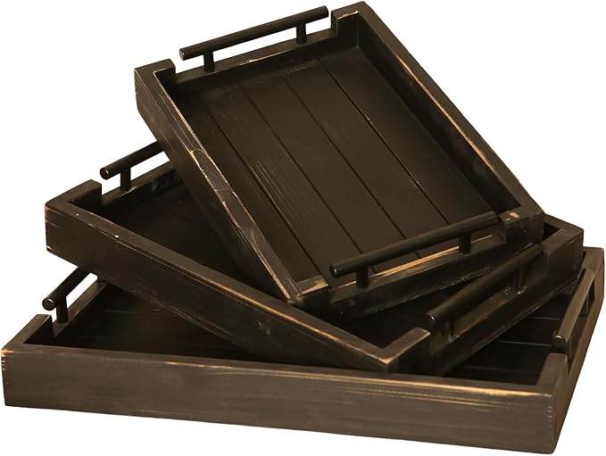 Coffee Table Tray Decorative Nested Vintage Wood Serving Tray Set for Eating, Breakfast, Party, Kitchen, Ottoman,Tea Coffee Table Large Ottoman Trays (Rustic Black, 3Pc)