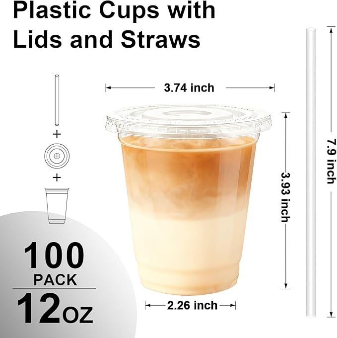 Lamosi 100 Pack 12 oz Clear Plastic Cups with Lids and Straws, Disposable Plastic Coffee Cups with Lids for Iced Coffee, Cold Beverages, Smoothies and To-Go Drinks