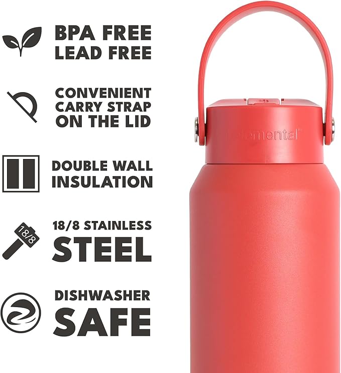 Elemental 40oz Insulated Water Bottle with Straw - 100% Leak-Proof Stainless Steel Core Water Bottles for Travel, Sports and Gym - Double Wall Insulation & BPA Free - Red