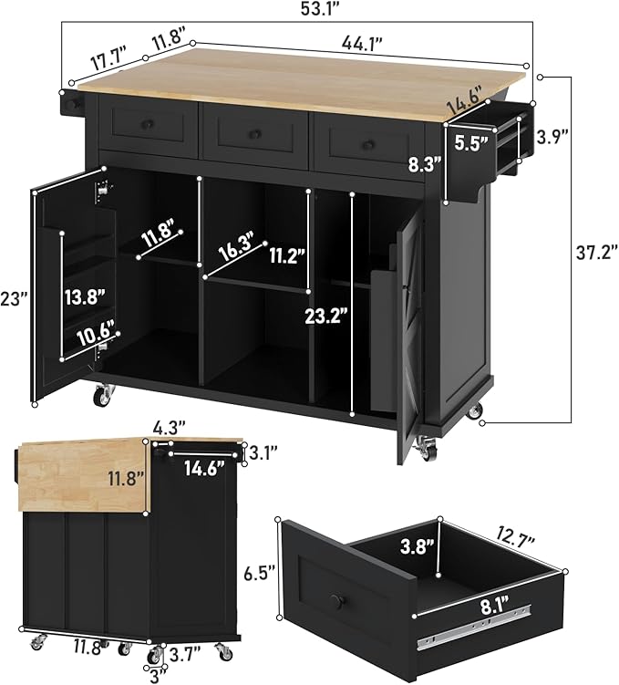 Kitchen Island with Storage on Wheels, 53" Large Rolling Kitchen Island with Drop Leaf, Mobile Kitchen Islands Cart with 3 Drawers 2 Cabinet, Open-Shelf, Islands Table (Black, 3 Drawers)