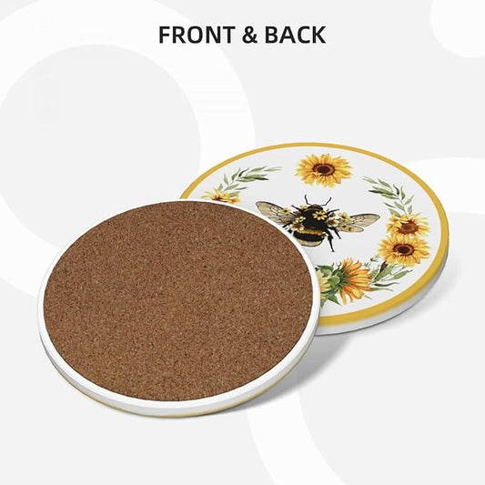 Drink Coasters for Drinks Set of 6, Watercolor Sunflower Cute Bee Absorbent Round Ceramic Stone Mat, with Cork Base and Metal Holder, Home Bar Decor House Warming Gift