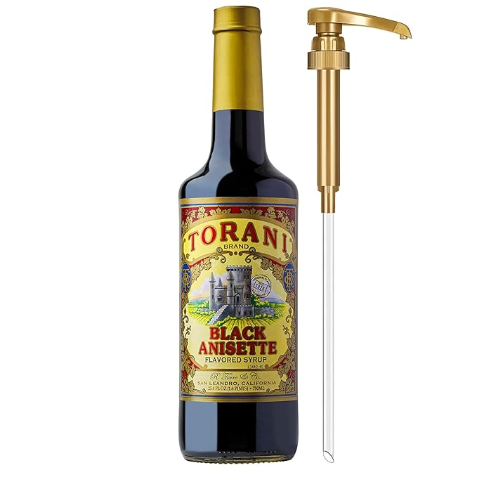 Torani Black Anisette Syrup, 100th Anniversary Flavor for Drinks, Glass Bottle with Pump Included, 25.4 Fl Oz
