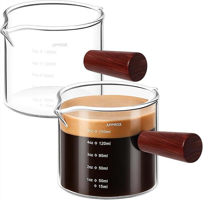 Zubebe 2 Pack 150 Ml/ 5 oz Double Spouts Espresso Shot Glasses with Wood Handle Measuring Triple Pitcher Milk Cup Clear Espresso Measuring Cup Glass for Barista Coffee Measure