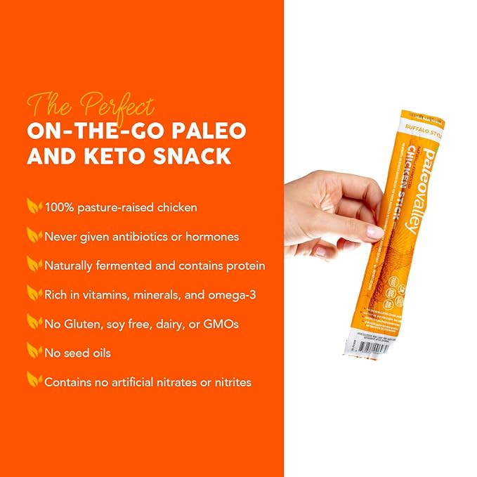 Paleovalley Pasture-Raised Chicken Sticks – 10 Pack – 7g Protein per Stick – Keto-Friendly, Paleo, Gluten-Free, Nitrate-Free – On-the-Go Snack (10 Pack, Buffalo)