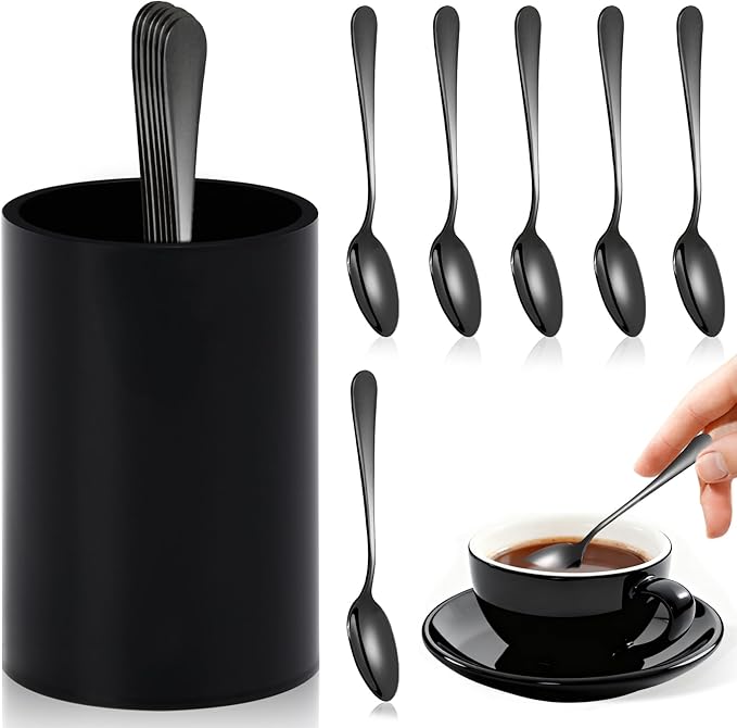 6 PCS Black Coffee Spoons with Holder Small Espresso Coffee Spoons 4.92 Inch Coffee Mixing Spoon Black Dessert Spoon Stainless Steel Tea Spoon Set of 6 for Tea Party Bar