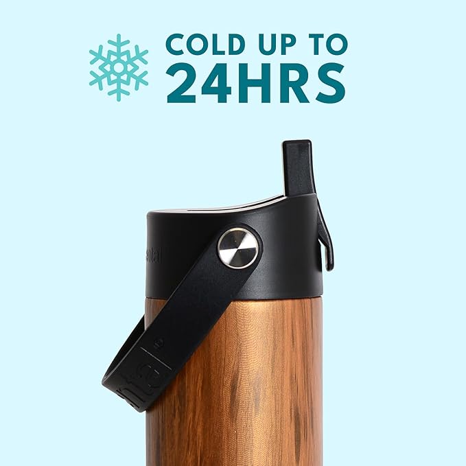 Elemental 24oz Insulated Water Bottle with Straw - 100% Leak-Proof Stainless Steel Core Water Bottles for Travel, Sports and Gym - Double Wall Insulation & BPA Free - Teak Wood