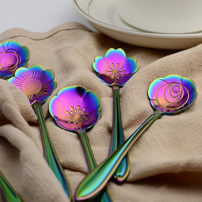 Stainless Steel Tableware Creative Flower Coffee, Sugar, Stir, Mix, Stir Bar, Tea, Cake, Sugar, Dessert Ice Cream Spoon Set of 8, Rainbow
