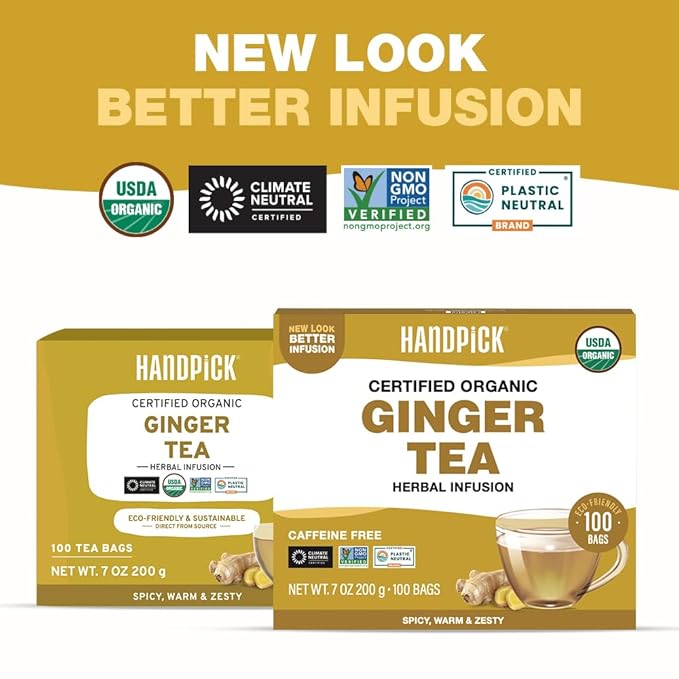 HANDPICK, Organic Ginger Tea Bags (100 Herbal Tea Bags), Caffeine Free & 100% Pure Ginger Root |Soothing & Spicy Blend | Round Eco Conscious Teabags