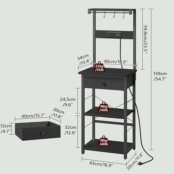 Bakers Rack with Drawer, Microwave Stand with Power Outlet, Coffee Bar Station with 4 Hooks, Kitchen Storage Shelf Rack 4 Tiers, for Kitchen, Dining Room, Black BRBK48E01