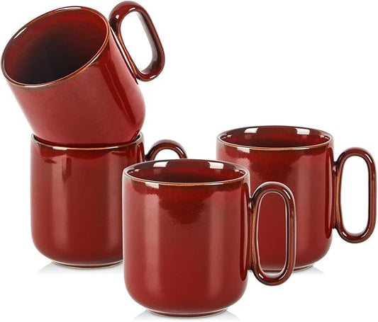 vicrays Ceramic Coffee Mug Set - 18 Ounce Large Stoneware Mug for Men Women - Unique Glazed Porcelain Mugs with Handle for Coffee Latte Tea Milk Cocoa - Set of 4 (Cherry Red)