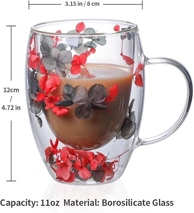 Double Glass Flower Tea Cup, Aesthetic Preserved Flower Cup, Cute Insulated Tea Cup with Handle, Heat Resistant & Lead-free Coffee Mugs, Gifts for Birthday Mother's Day, Perfect for Women Wife Mom (B)