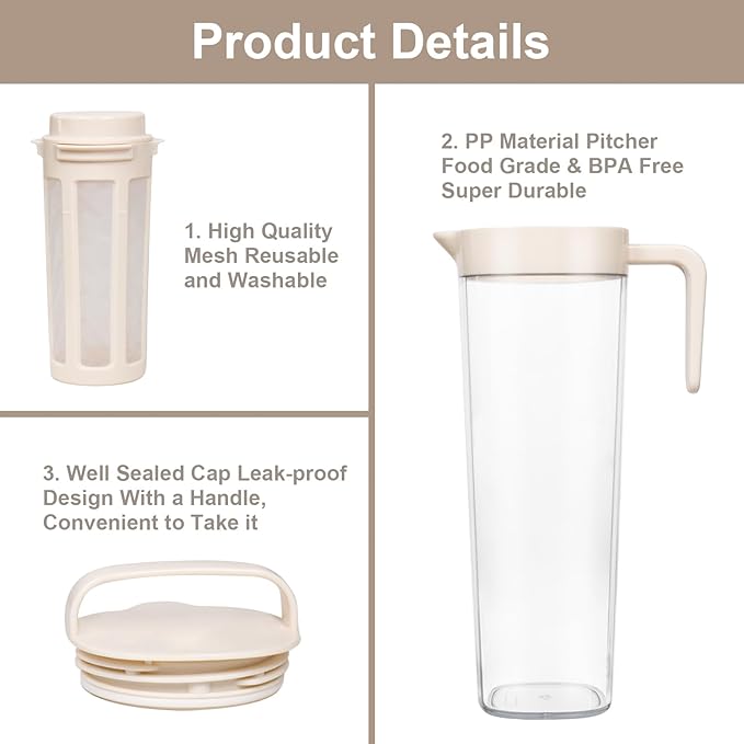 Cold Brew Tea Pitcher, Cold Brew Coffee Maker – 37 Fl Oz BPA-Free PP Pitcher with Durable Mesh Filter, Leak-Proof Cap, Comfortable Handle – Perfect for Fridge Side Door Storage & Ice Drinks