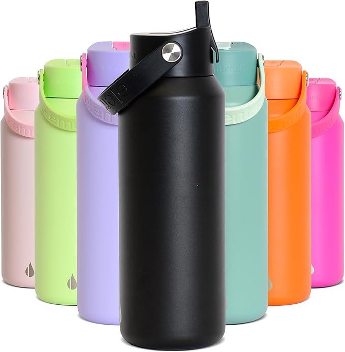 Elemental 40oz Insulated Water Bottle with Straw - 100% Leak-Proof Stainless Steel Core Water Bottles for Travel, Sports and Gym - Double Wall Insulation & BPA Free - Black