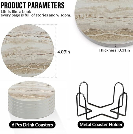 Ceramic Coasters Set of 6, Marble-Textured Design with Holder - Absorbent Cork-Backed Coasters for Cups, Bar & Coffee Table Decor Accessories (Khaki Marble, 6 Pack)