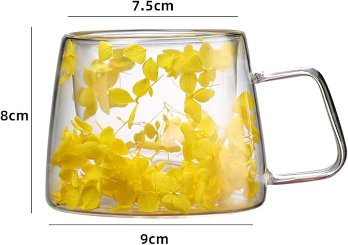 Generic Double Wall Insulated Glass Cup,Dried Flower Mug with Handle,Creative Transparent Coffee Cups,Gift for Women Mom Female (Yellow)