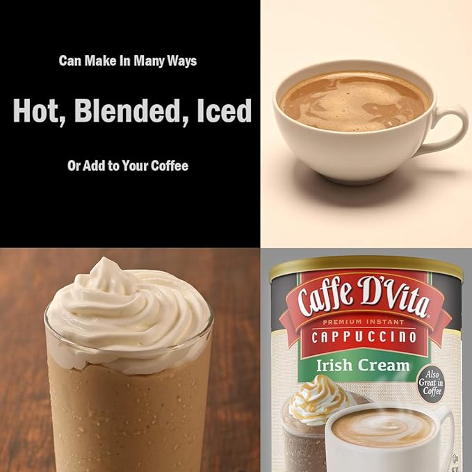 Caffe D’Vita Irish Cream Cappuccino Mix - Irish Cream Coffee, Irish Coffee, Gluten Free, No Cholesterol, No Hydrogenated Oils, No Trans Fat, 99% Caffeine Free, Instant Coffee - 16 Oz Can, 6-Pack