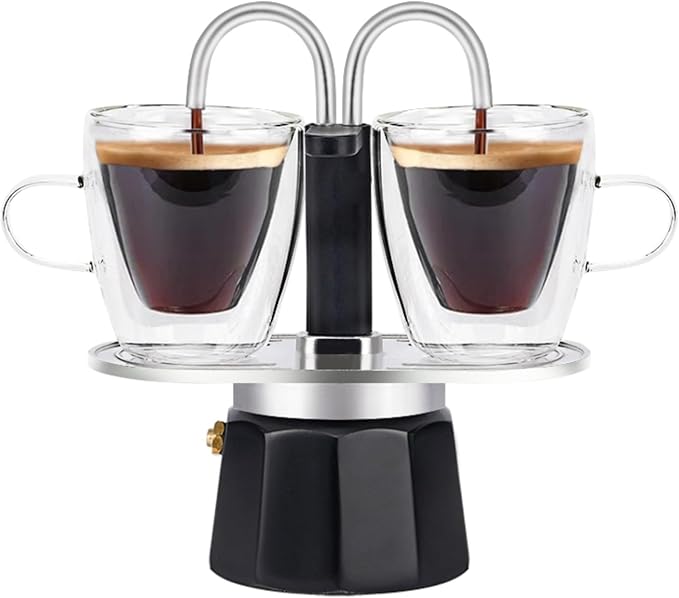 MVPLUE-Mini Express Double Tube Moka Pot Aluminum Black,Share fresh delicious coffee with a friend