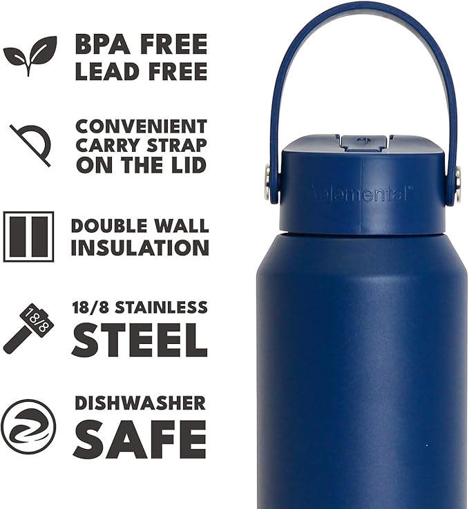 Elemental 40oz Insulated Water Bottle with Straw - 100% Leak-Proof Stainless Steel Core Water Bottles for Travel, Sports and Gym - Double Wall Insulation & BPA Free - Navy