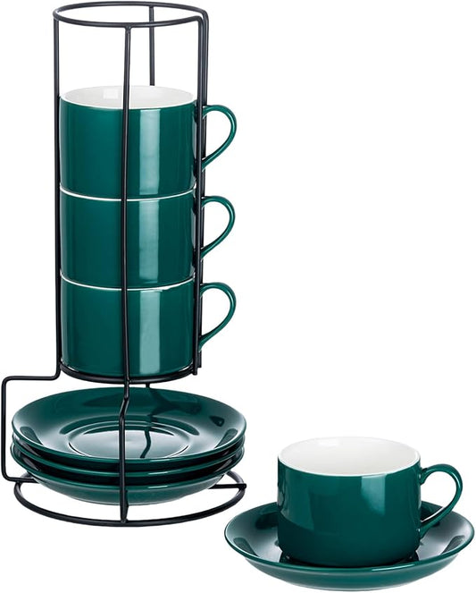 Meichu 8oz Porcelain Stackable Cappuccino Cups with Saucers and Metal Stand Set of 4, Cappuccino Cups Set of 4, Green Coffee Cups for Espresso, Specialty Coffee Drinks, Latte, Americano and Tea