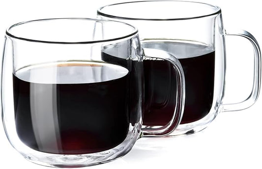 Unbreakable Double Walled Glass Coffee Mugs 10 fl oz, Microwave & Refrigerator Safe, Borosilicate Glass Insulated Coffee Mugs Set of 2 for Espresso, Cappuccino, Latte, Americano, Tea, Beverage