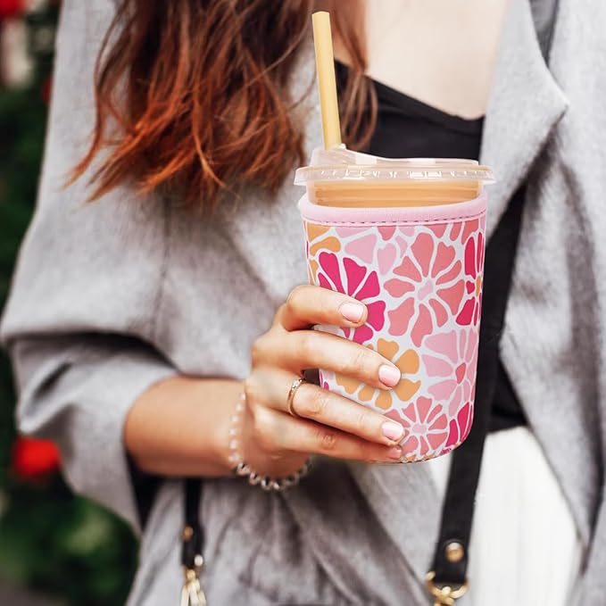 Reusable Insulated Neoprene Iced Coffee Cup Sleeve, Durable Drink Sleeve for Cold Beverages, Beverage Holder for Iced Coffee, Blush Petals