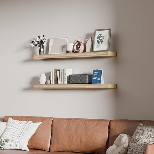 36 inch Brown Bathroom Shelves,Long Floating Shelves for Wall,Solid Wood Long Shelves Set of 2,Kitchen Wall Mounted Shelf (Brown, 36 Inch)