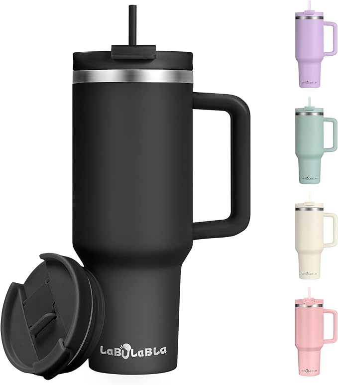 40oz Tumbler with Handle,Double Wall Vacuum Reusable Stainless Steel Insulated Water Bottle,With Leak Proof lid and Straw for Iced or Cold Beverages (Black)