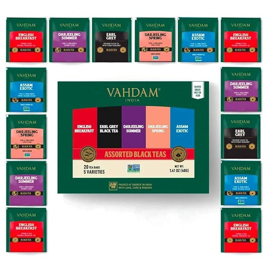 VAHDAM, Assorted Black Tea Bags Sampler (5 Flavors, 20 Ecofriendly Pyramid Tea bags) I Valentines Day Gifts for Him & Her | Assam and Darjeeling Teas | Gluten Free & Non GMO