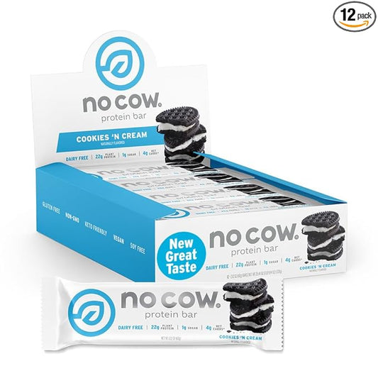No Cow Vegan Protein Bars, Upgraded Cookies 'n Cream | 20g Plant Based Protein, Gluten Free, Dairy Free, Soy Free, Keto Friendly, Low Sugar, High Fiber Snack Bars | Pack of 12