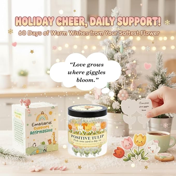 Positive Tulip Jar with 60 Affirmation Cards, Inspirational Gifts and Teacher Desk Decor, Tulips Flowers Themed Gift for Women, Stress Relief and Daily Positivity, Staff Appreciation Gifts