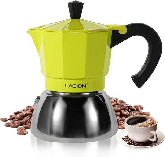 LAOION 3-Cup Moka Pot | Stovetop Espresso Maker | Induction Compatible | Stainless Steel & Aluminum | Green