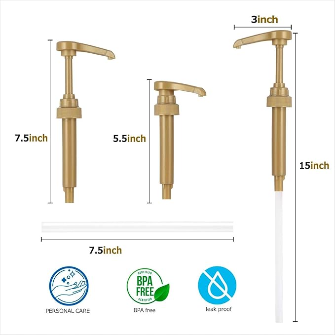 Kinfira 6 Pcs Coffee Syrup Pump Dispenser - Premium Skinny Syrup Pumps Fit for 25.4oz Torani Davinci Syrup Bottles (Gold)