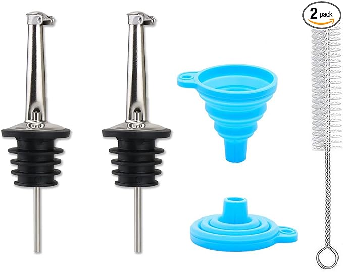 LEGERM Stainless Steel Oil & Liquor Pour Spouts (2pcs) - Flip Cap Drizzler with Funnel & Brush, Leakproof 3/4" Fit for Olive Oil, Vinegar & More - Precise Pouring, Easy Clean