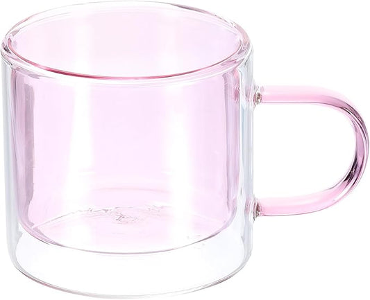 uxcell 8.4 oz Double Wall Glass Coffee Mugs, Glass Tea Cup with Widened Handles for Espresso Coffee, Cappuccino, Tea Bag, Latte, Hot Cold Beverages, Juice, Pink
