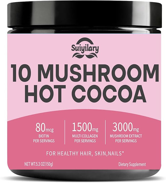 10 Mushroom Hot Cocoa, 1500mg Collagen, 80mcg Biotin, Sugar Free Keto Cocoa Powder, for Healthy Hair, Skin and Nails, 15 Servings