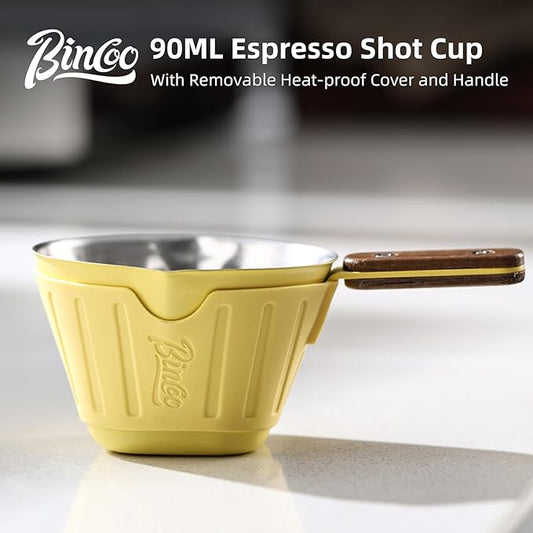Espresso Shot Cup with Dual Spout - Espresso Measuring Cup with Wood Handle and Anti-Scald Cover, Stainless Steel Espresso Pouring Cup for Home & Cafe Use, 90ML/3oz